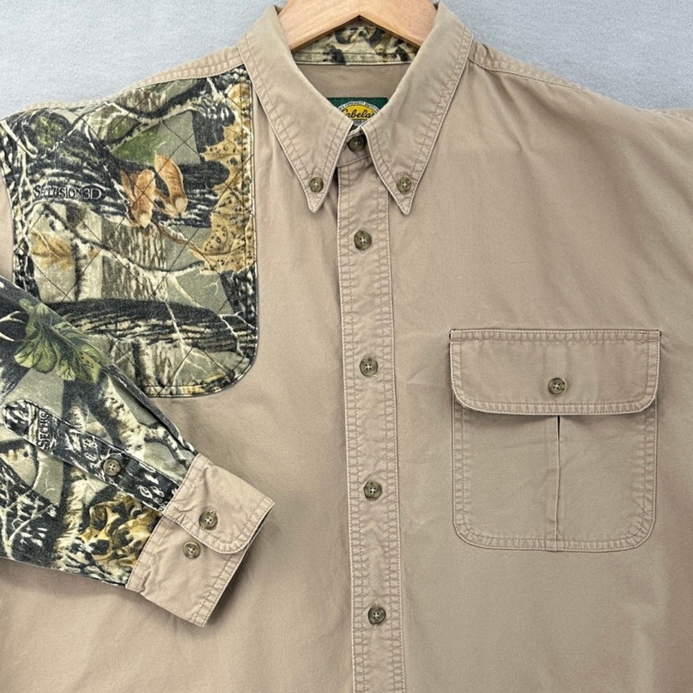 VTG Cabelas Shooting Shirt Tan Khaki Seclusion 3D Camo Patch Hunting Fishing XL